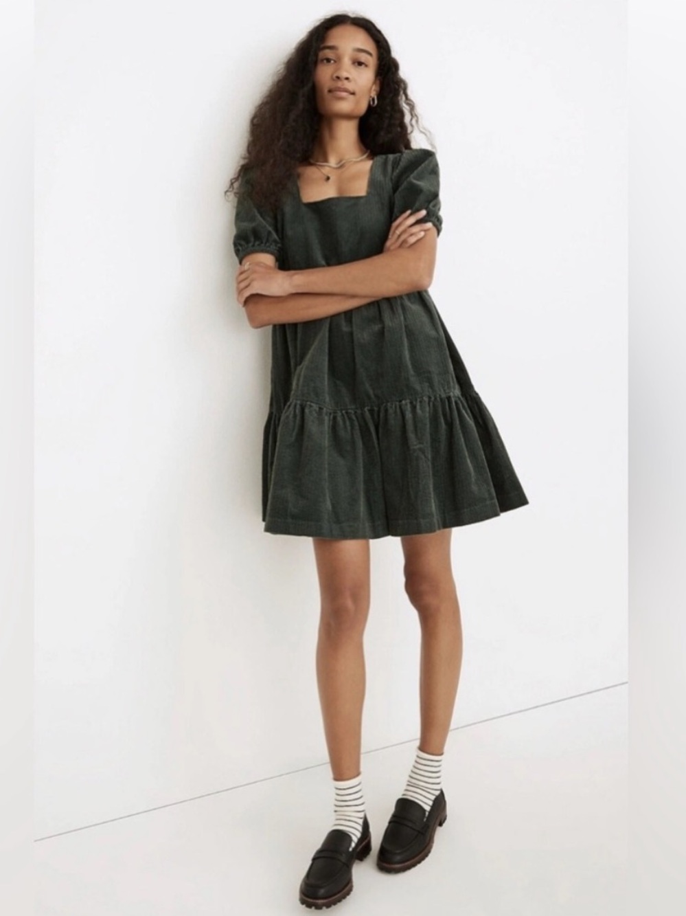 Madewell Corduroy Aidy Square-Neck Tiered Mini Dress in Forest Green Size 6